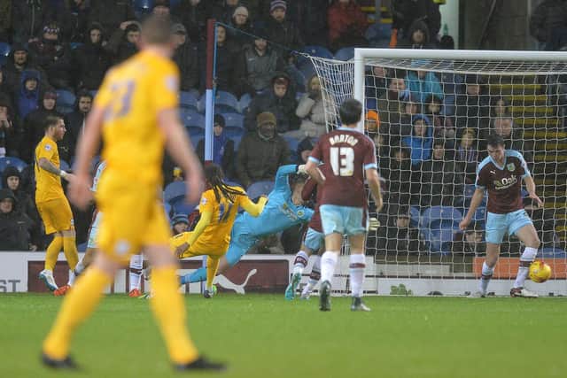 Daniel Johnson scores Preston North End's second goal in the derby victory at Burnley in December 2015