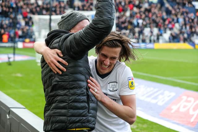 Preston North End's Alvaro Fernandez hugs fan in celebrating Brad Potts’ late winner against Reading