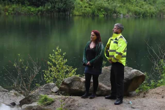 Rebecca with police officer Christian Seddon at the quarry where Dylan drowned