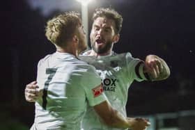 Michael Potts (right) celebrates after opening the scoring against Prescot Cables (photo: Ruth Hornby)