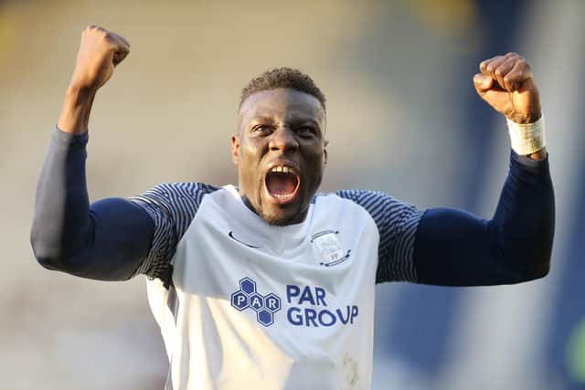 Preston North End's Bambo Diaby celebrates in front of the fans at the final whistle