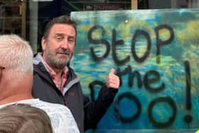 Lee Mack outside Windermere Fine Art during Save Windermere demonstration