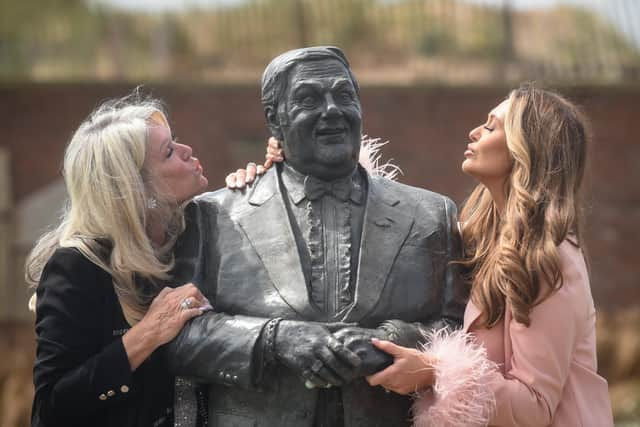 Charlotte Dawson and mum Tracey Dawson at the Les Dawson statue in St Annes