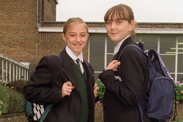 Heidi Mercer (left) and Vicky Williams showing off their bags at Fulwood High School, Preston back in 1998