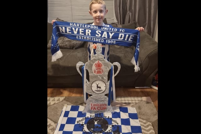 Rhylie travelled down to the match with an FA Cup trophy he made with his dad. Picture sent in by Becca Ringwood, who said: "His dream is not only for a win but the Pools players to see his FA Cup."