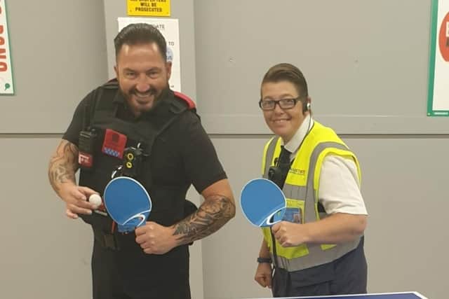 Community Ping Pong has hit Lancaster. Here's Leanne from MarketGate Customer Services and Max the BID (Business Improvement District) warden just before they had a match.