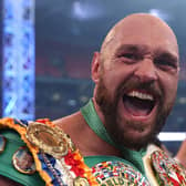 LONDON, ENGLAND - APRIL 23: Tyson Fury celebrates victory after the WBC World Heavyweight Title Fight between Tyson Fury and Dillian Whyte at Wembley Stadium on April 23, 2022 in London, England. (Photo by Julian Finney/Getty Images)
