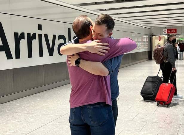 Alex and Patrick meeting for the first time at the airport