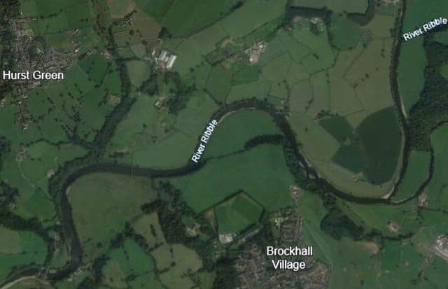 The fake turf has been laid for several hundred yards along the northern edge of the Ribble, to the south east of Hurst Green (image: Google)