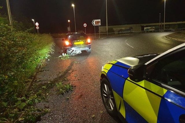 The driver of this vehicle  tried to leave the scene after crashing on a roundabout in Blackpool.
Unfortunately for him, police officers were passing and detained him.
He was found to be over the drink drive limit, uninsured and in possession of drugs.