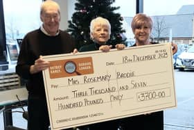 Rosemary Brodie, the winner of the Barry Kilby Prostate Cancer Appeal lottery, pictured with Barry Kilby and Janet  Ryan-Smith who is the project manager and test day co-ordinator.