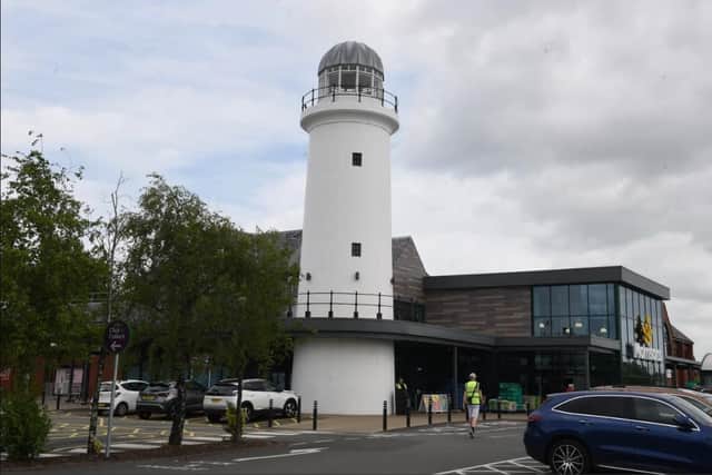Morrisons with its distinctive lighthouse tower on Preston Docks