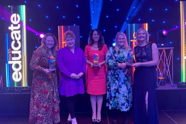 UCLan's triple success at the Educate North Awards. Pictured receiving the awards left to right: Bev Wood and Emma Speed (Creative Innovation Zone), Professor Nicola Lowe (School of Sport and Health Sciences), Liz Granger and Ginette Unsworth (UCLan External Relations).