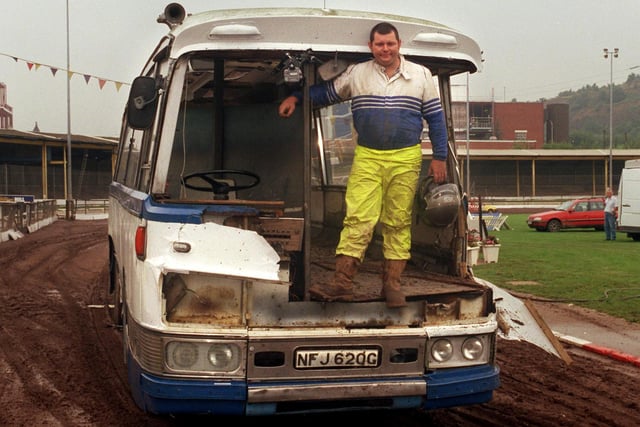 Max Austin after jumping through a coach in a dummy run of a world record attempt to be staged at Owlerton Stadium on Bank Holiday Monday in 1999