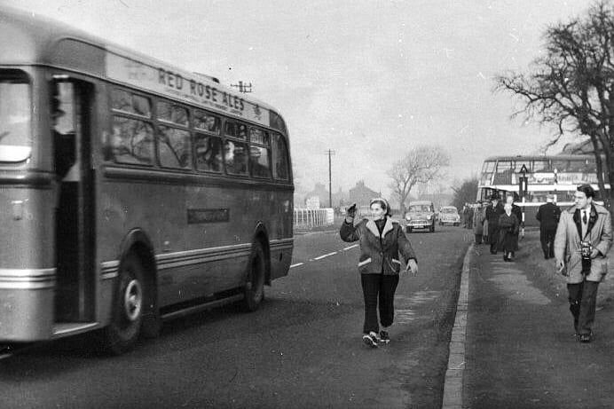 Dr Barbara Moore passing along the A49 on her John o' Groats to Lands End walk. 1960.