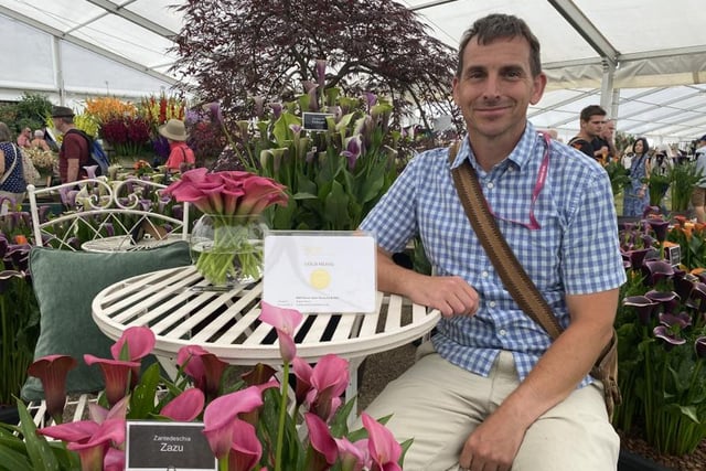 Matthew Smith of Brighter Blooms at Walton le Dale celebrates gaining a gold medal in the Floral Marquee awards for his display of Zantedeschias (also known as Calla lilies) Photo:Fiona Finch