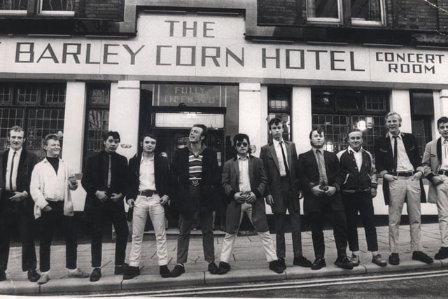 Teddy Boys outside the BarlerCorn Hotel, Cambridge St, Sheffield August 1974
