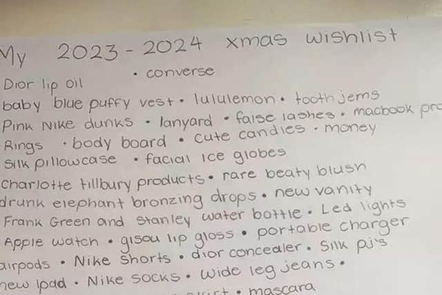 People have been left open-mouthed after viewing a 13-year-old's £3,000 Christmas list