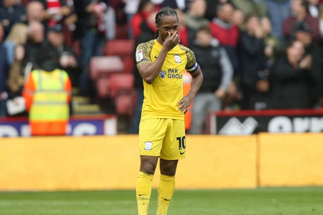 Preston North End's Daniel Johnson reacts after his side conceded a third goal scored by Sheffield United's Iliman Ndiaye