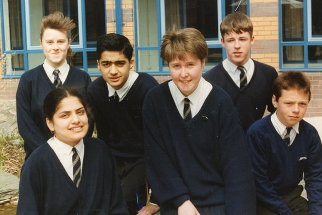 Ribbleton Hall High School pupils from left: Kelly Platt, Hajra Chohan, Junaid Kalang, Lesley-Ann Stafford, Jason Crossley, and Andrew Brennan, all fifth formers at the school in 1991, gave their views of what they would do with a £500,000 windfall