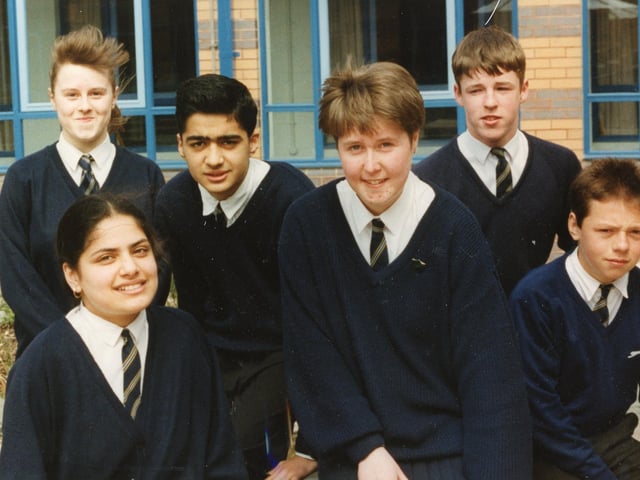 Ribbleton Hall High School pupils from left: Kelly Platt, Hajra Chohan, Junaid Kalang, Lesley-Ann Stafford, Jason Crossley, and Andrew Brennan, all fifth formers at the school in 1991, gave their views of what they would do with a £500,000 windfall