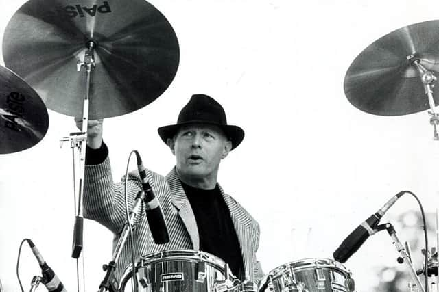 Bobby Elliott of the Hollies entertains the crowds at Sport Aid '88, Hillsborough Park, Sheffield