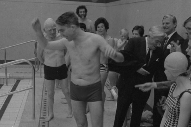 The Mayor of Preston, Coun Ian Hall, taking a dip in Saul Street municipal baths' new £12,000 learner pool, after officially declaring it open. The pool is named after baths superintendent Tom Aldridge who started work with the authority almost 40 years ago