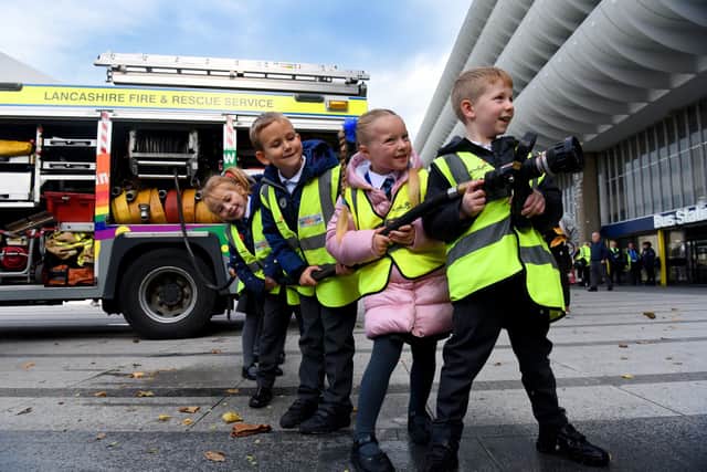 Photo Neil Cross; Pupils from St Andrew's Primary School at Project EDWARD, supported by members of the Lancashire Road Safety Partnership, as part of a national week of action to raise the profile of road safety, at Preston Bus Station