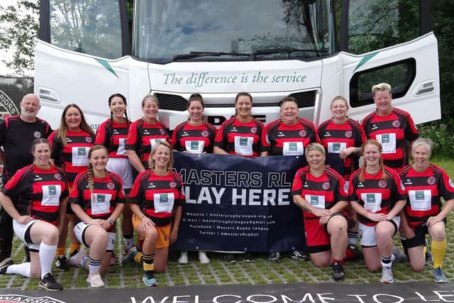 New rugby league team Leyland Warriors Women in their shirts sponsored by Harbour Freight