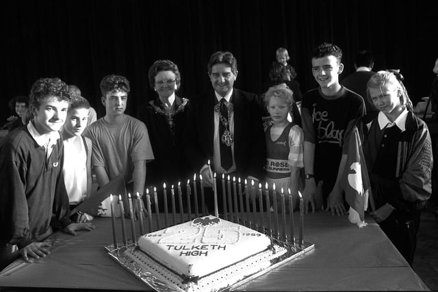 Tulketh High School celebrated its 25th anniversary in 1989 with a cake and these pupils who were designated torch runners in a special event