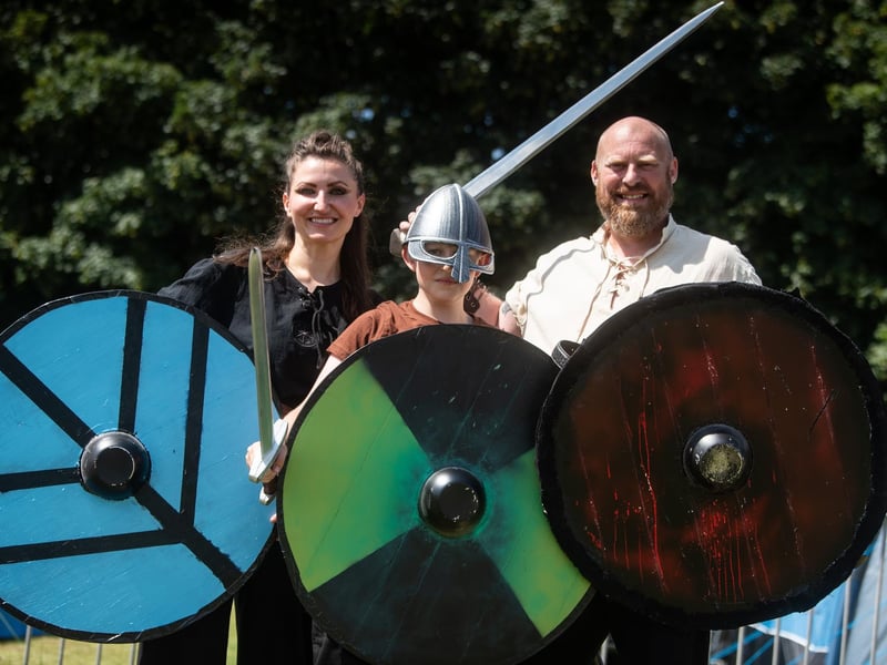 Heysham Viking Festival 2026 - holding shields and weapons at the festival.