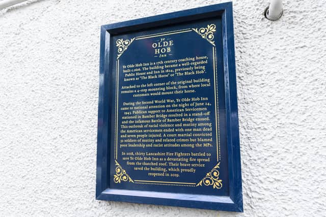 Notice board on the Ye Olde Hob Inn which mentions the Battle of Bamber Bridge in 1943. Photo: Kelvin Stuttard