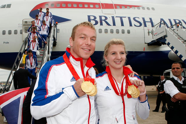 Triple gold medallist Chris Hoy, now Sir Chris of course, and double gold medallist Rebecca Adlington take centre stage as the and the Great Britain Olympic team arrive home from the Beijing Olympic Games at Heathrow airport on August 25, 2008.