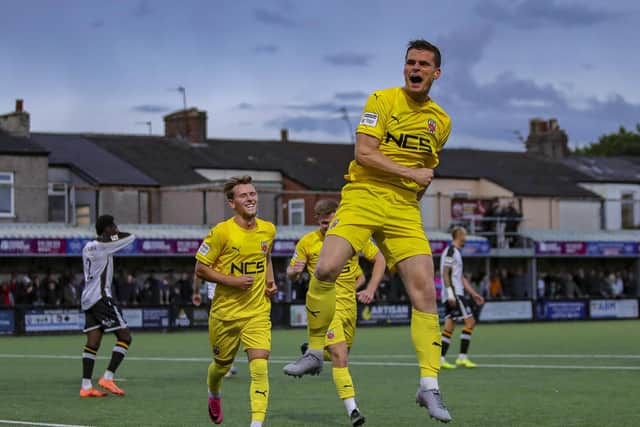 Mike Calveley celebrates his goal against Marine
