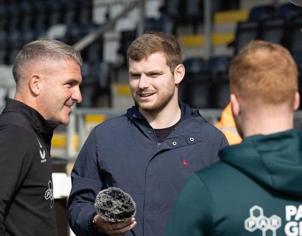 Tom Sandells conducts a post match interview with Ryan Lowe at Bamber Bridge. Credit: PNEFC/Ian Robinson