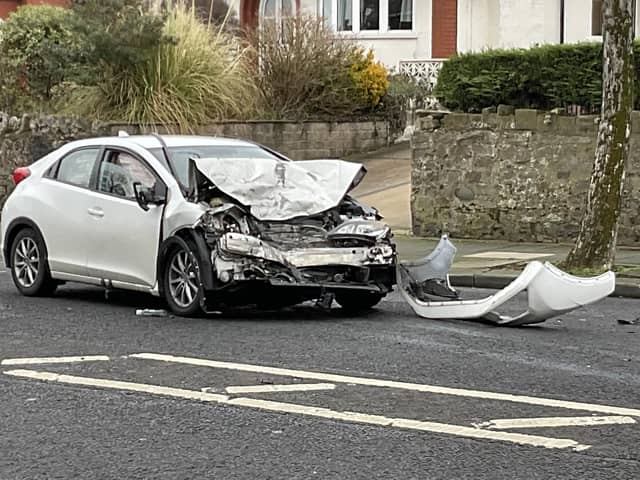 The scene of the crash on Heysham Road on Saturday in which a driver was seriously injured. Picture by Jane Simon.