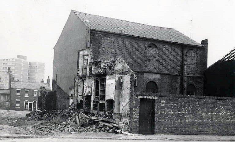 Mormon Chapel, Vauxhall Road, Preston 1960
The Mormons, founded in 1830, first came to Preston in 1837. They preached at Vauxhall Road Chapel and the first baptisms took place in the River Ribble. The building was later used as a boys club by St. Augustine's Church. Demolished in 1962.

