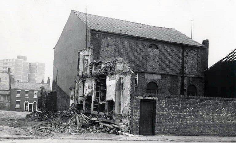 Mormon Chapel, Vauxhall Road, Preston 1960
The Mormons, founded in 1830, first came to Preston in 1837. They preached at Vauxhall Road Chapel and the first baptisms took place in the River Ribble. The building was later used as a boys club by St. Augustine's Church. Demolished in 1962.