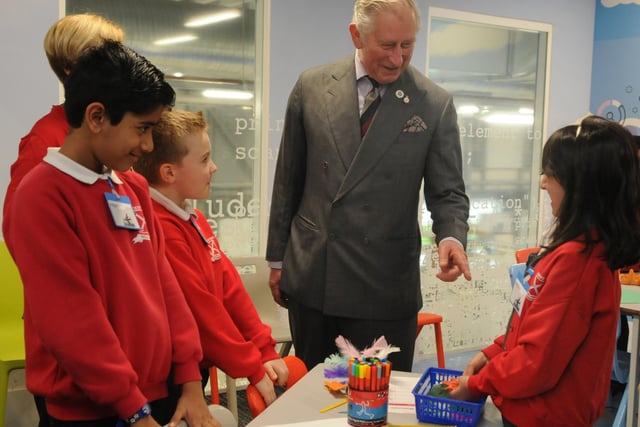 HRH Prince Charles meets children from Year Three and Four at Balderstone County Primary school, during his visit to BAE Systems Academy for Skills and Knowledge in 2017