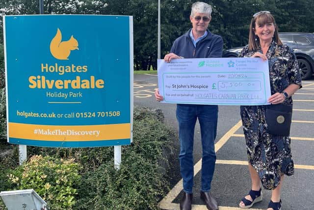 Michael Holgate from Holgates Holiday Parks with Sue McGraw, Chief Executive of St John's Hospice