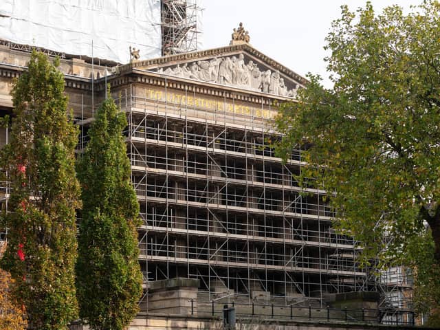 The coverings have started coming off at the Harris Museum ahead of the removal of the scaffolding