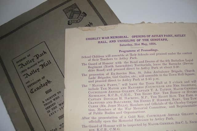 A programme  marking the ceremony of the opening of Astley Park and the unveiling of the cenotaph in Chorley