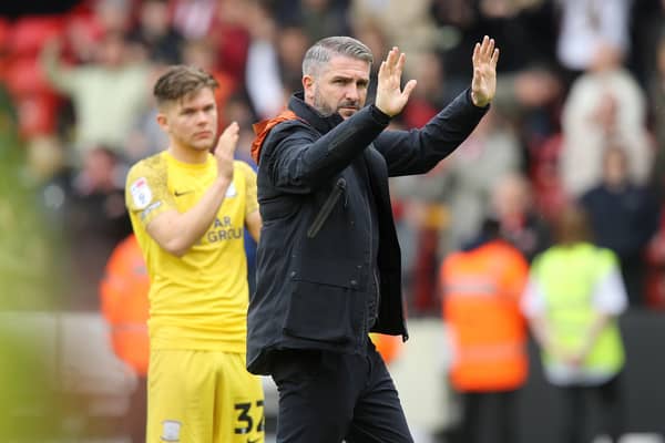 Preston North End manager Ryan Lowe acknowledges the fans at the final whistle