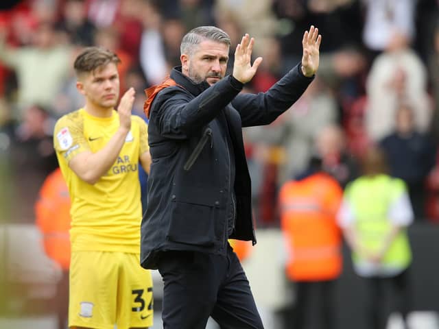 Preston North End manager Ryan Lowe acknowledges the fans at the final whistle