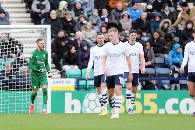 Preston North End's Freddie Woodman (left) reacts after conceding a second goal early in the first half