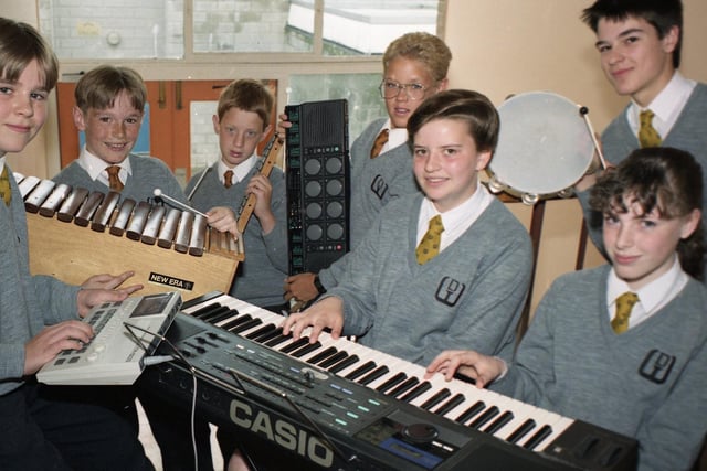 Young musicians from Walton-le-Dale High School, near Preston have recorded a video to help show schoolchildren how to compose music. Pictured are, from left: Ian Hewitt, 13; Andrew Bayes, 12; John Sumner, 12; Paul Bird, 12; Clare Higgins, 13; Gavin Deadman, 13 and Alison Clark, 12