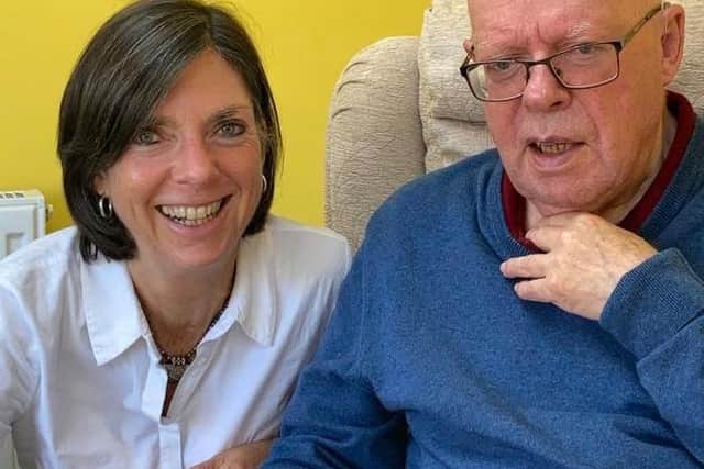 Joanna Reid, pictured with her late father James Davidson Martin, 87, who suffered with Alzheimer’s and mixed dementia, claims he stripped of basic human rights in both Chorley Hospital and Alston View Nursing Home in Longridge