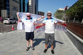 England fans Alan Slater, 67 and Maxi Sterritt, 63 from Preston, in Doha, Qatar, ahead of England's opening FIFA World Cup match against Iran