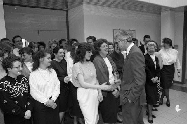 Prime Minister John Major meets staff at a visit to Lancashire Evening Post's offices. He was  taken on a tour of the building where he saw how the newspaper was put together, before being presented with his own newspaper, hot off the press, at Broughton Printers