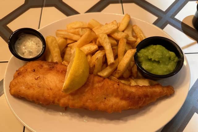 Large cod, chips and mushy peas at Harry Ramsden's, Blackpool